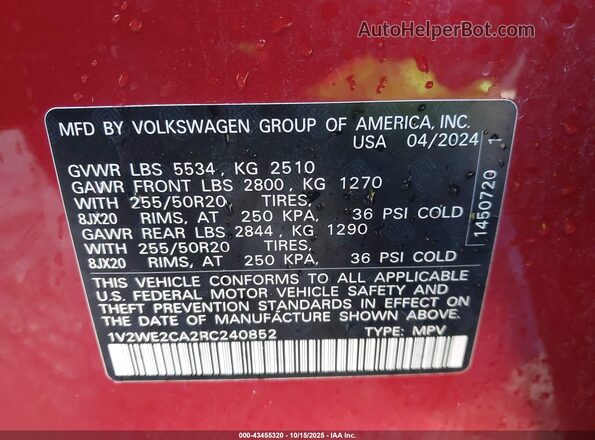 1V2WE2CA2RC240852 2024 VOLKSWAGEN ATLAS Red ძრავის განყოფილების ხედი