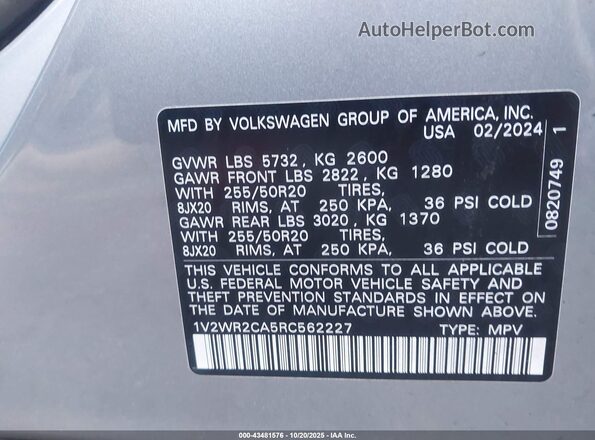 1V2WR2CA5RC562227 2024 VOLKSWAGEN ATLAS Silver Vista del compartimento del motor