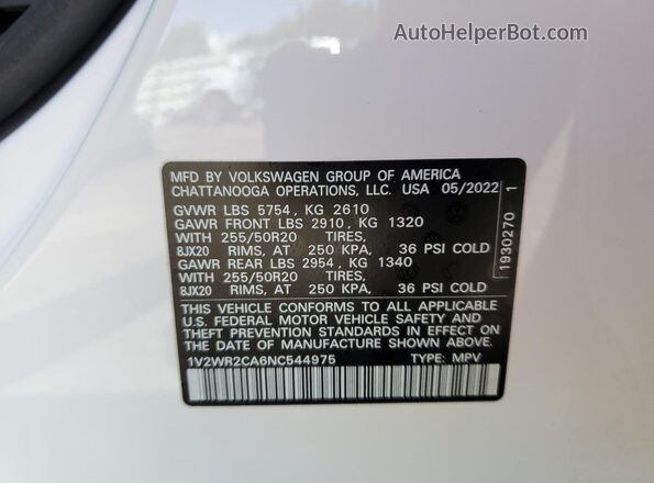 1V2WR2CA6NC544975 2022 VOLKSWAGEN ATLAS White Widok naklejki z numerem VIN