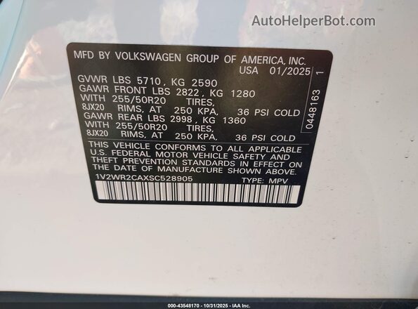 1V2WR2CAXSC528905 2025 VOLKSWAGEN ATLAS White Вид підкапотного простору