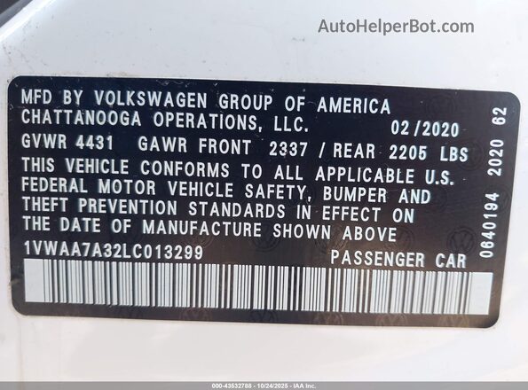 1VWAA7A32LC013299 2020 VOLKSWAGEN PASSAT White ძრავის განყოფილების ხედი