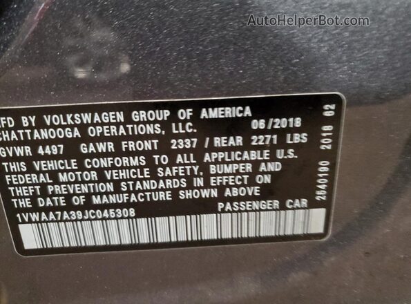 1VWAA7A39JC045308 2018 VOLKSWAGEN PASSAT Gray 