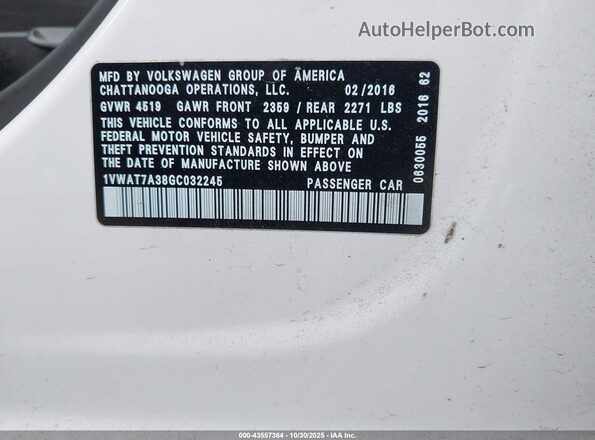 1VWAT7A38GC032245 2016 VOLKSWAGEN PASSAT Белый Вид подкапотного пространства