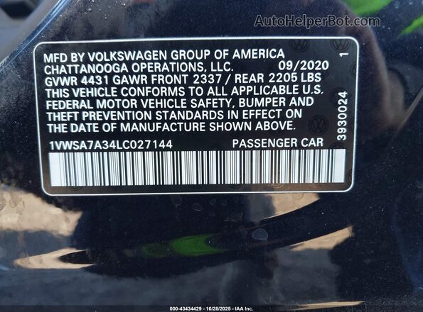 1VWSA7A34LC027144 2020 VOLKSWAGEN PASSAT Blue Engine compartment view