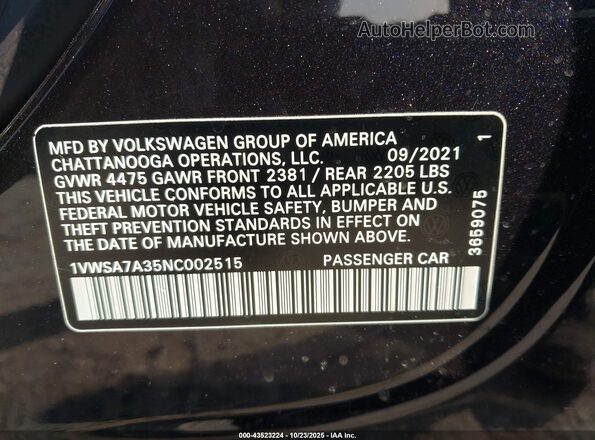 1VWSA7A35NC002515 2022 VOLKSWAGEN PASSAT Black 