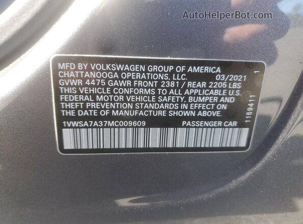 1VWSA7A37MC009609 2021 VOLKSWAGEN PASSAT Charcoal ძრავის განყოფილების ხედი