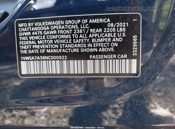 1VWSA7A38NC000922 2022 VOLKSWAGEN PASSAT Blue Widok komory silnika