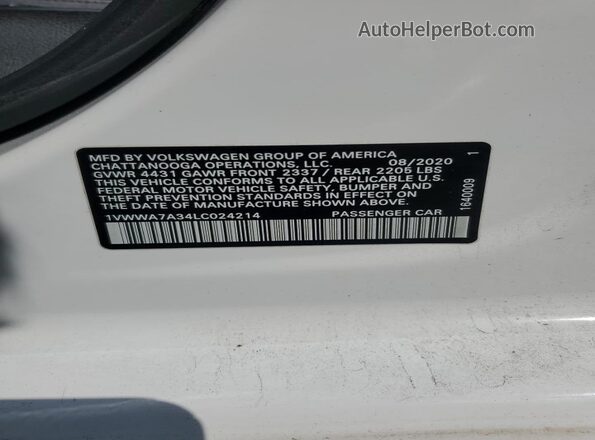 1VWWA7A34LC024214 2020 VOLKSWAGEN PASSAT White ძრავის განყოფილების ხედი