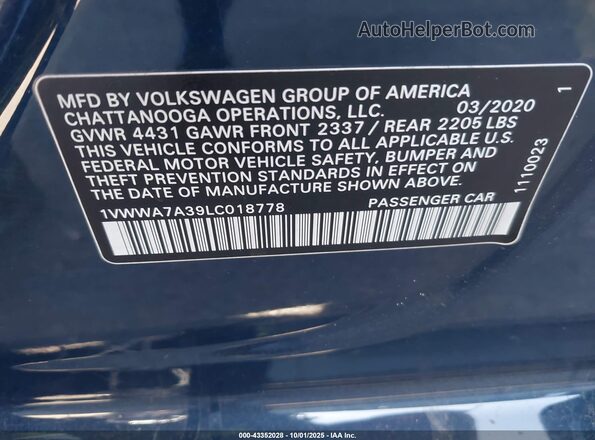 1VWWA7A39LC018778 2020 VOLKSWAGEN PASSAT Blue Widok komory silnika