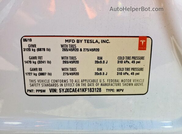 5YJXCAE41KF183128 2019 TESLA MODEL X White 