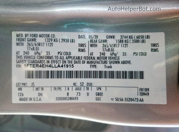 1FTER4EH4LLA41915 2020 FORD RANG Silver Widok naklejki z numerem VIN