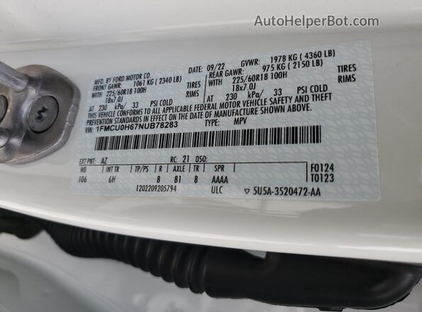 1FMCU0H67NUB78283 2022 FORD ESCAPE White Панорамний вид салону 360°