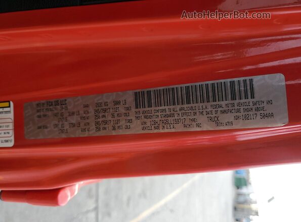 1C6HJTAG5LL159717 2020 JEEP GLADIATOR Red VIN sticker view