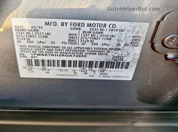 1FMSK7KH2RGA72655 2024 FORD FORD EXPLORER Gray Vista interior de 360 grados