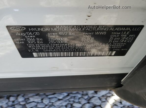 5NMS53AD7LH261191 2020 HYUNDAI SANTA FE Белый Панорамный вид салона 360°