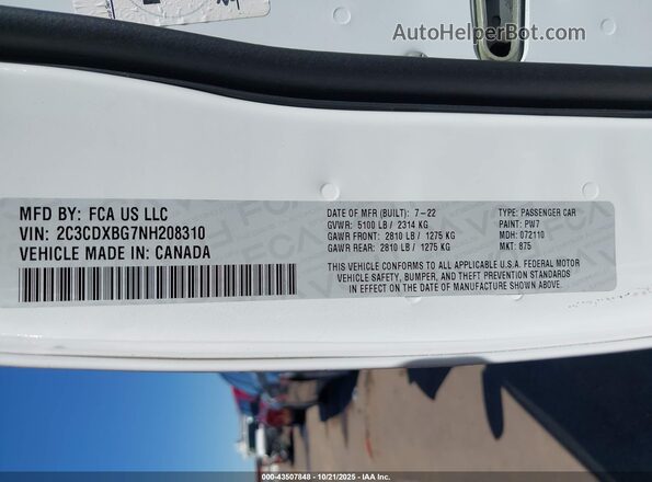 2C3CDXBG7NH208310 2022 DODGE CHARGER White Vista del compartimento del motor