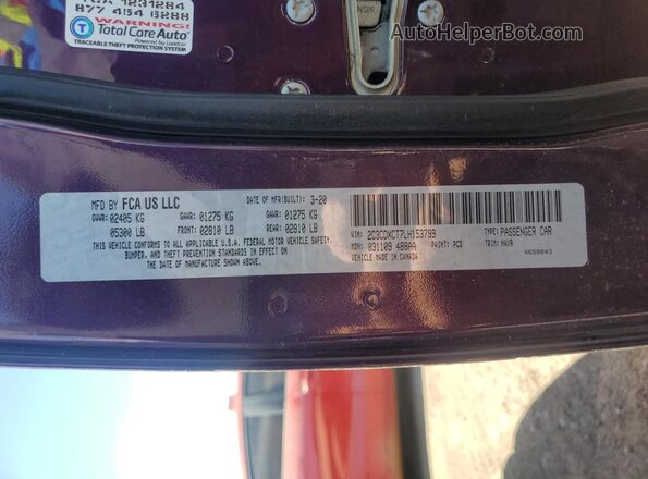 2C3CDXCT7LH153799 2020 DODGE CHARGER Purple VIN sticker view