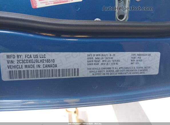 2C3CDXGJ9LH216510 2020 DODGE CHARGER Blue ძრავის განყოფილების ხედი