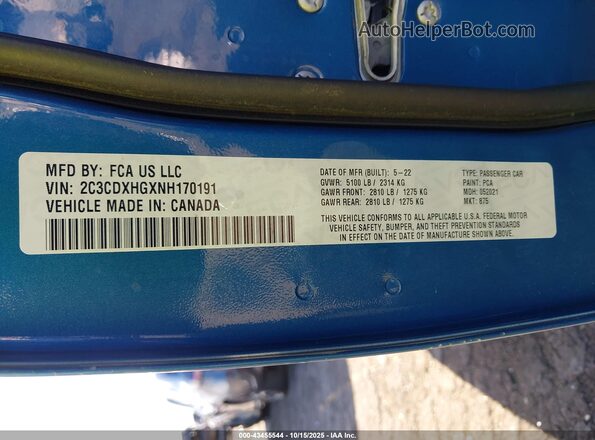 2C3CDXHGXNH170191 2022 DODGE CHARGER Blue Vista del compartimento del motor