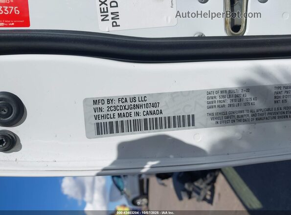 2C3CDXJG8NH107407 2022 DODGE CHARGER Белый Вид подкапотного пространства