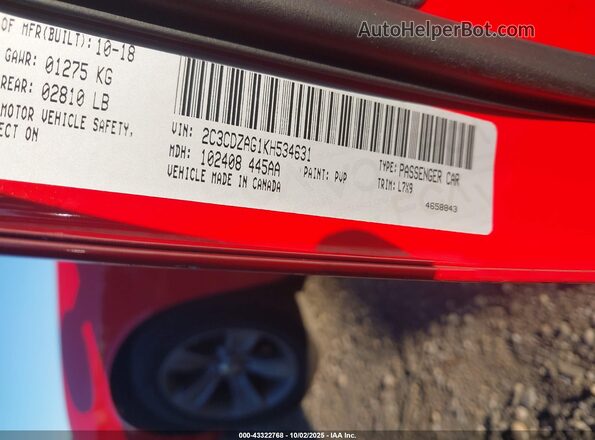 2C3CDZAG1KH534631 2019 DODGE CHALLENGER Оранжевый Вид подкапотного пространства