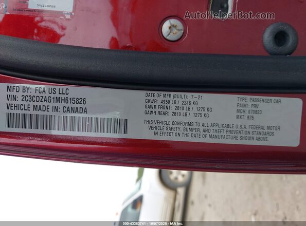 2C3CDZAG1MH615826 2021 DODGE CHALLENGER Maroon Вид підкапотного простору