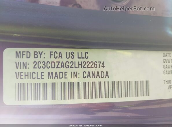 2C3CDZAG2LH222674 2020 DODGE CHALLENGER Purple Вид підкапотного простору