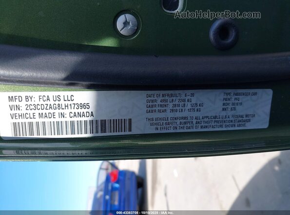 2C3CDZAG8LH173965 2020 DODGE CHALLENGER Зеленый Вид подкапотного пространства