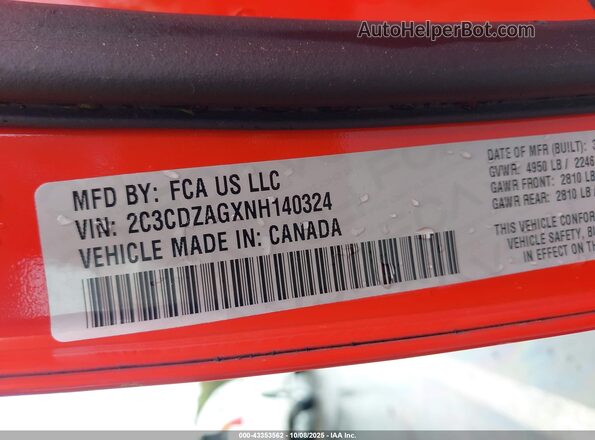 2C3CDZAGXNH140324 2022 DODGE CHALLENGER Оранжевый Вид подкапотного пространства