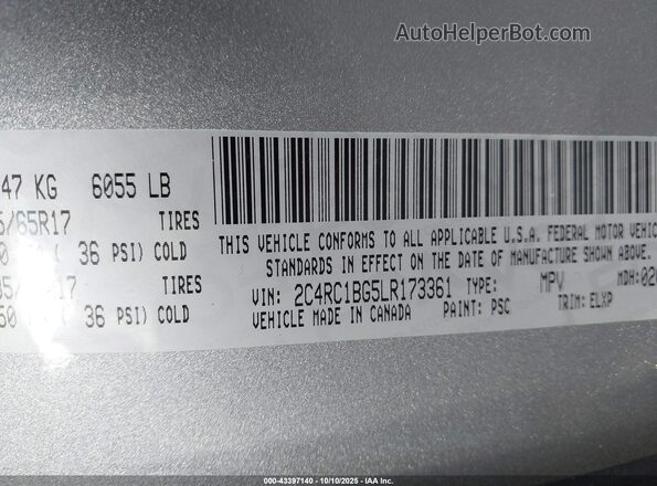 2C4RC1BG5LR173361 2020 CHRYSLER PACIFICA Серый Вид подкапотного пространства