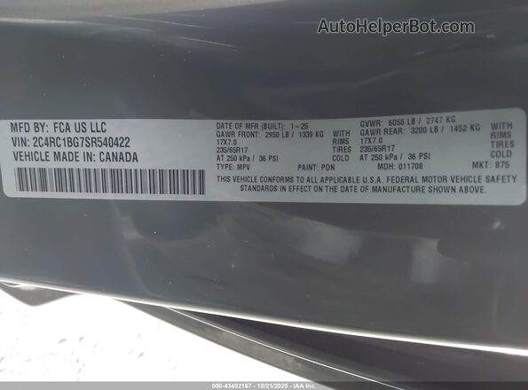 2C4RC1BG7SR540422 2025 CHRYSLER PACIFICA Gray Engine compartment view