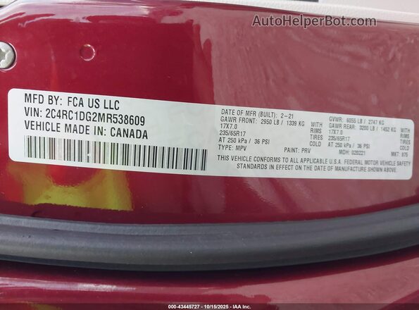 2C4RC1DG2MR538609 2021 CHRYSLER VOYAGER Maroon Շարժիչի բաժամունքի տեսք
