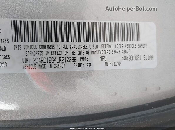 2C4RC1EG4LR210296 2020 CHRYSLER PACIFICA Silver Вид підкапотного простору