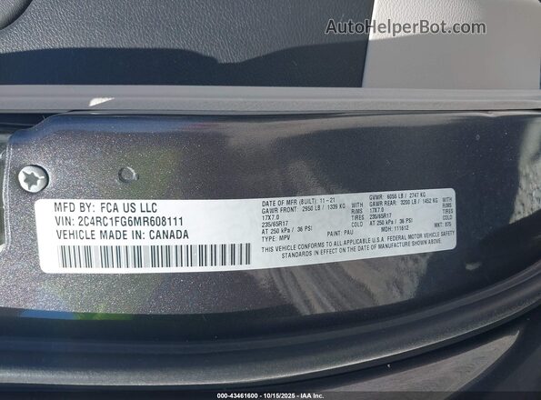 2C4RC1FG6MR608111 2021 CHRYSLER PACIFICA Gray ძრავის განყოფილების ხედი