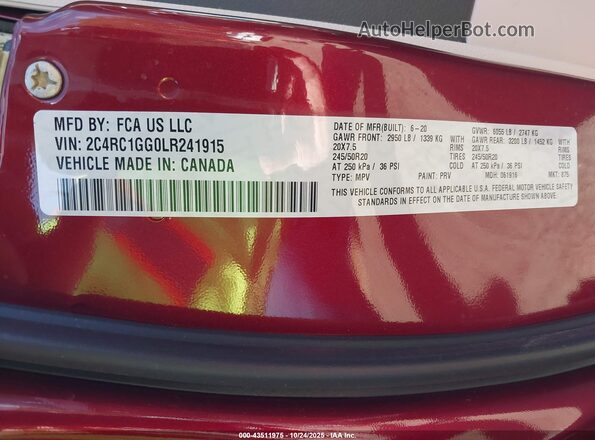 2C4RC1GG0LR241915 2020 CHRYSLER PACIFICA Бордовый Вид подкапотного пространства