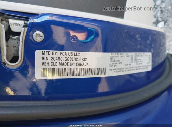 2C4RC1GG0LR258732 2020 CHRYSLER PACIFICA Blue ძრავის განყოფილების ხედი