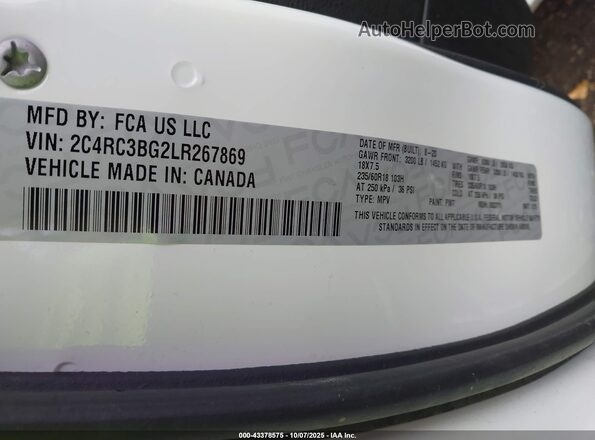 2C4RC3BG2LR267869 2020 CHRYSLER PACIFICA White Widok komory silnika