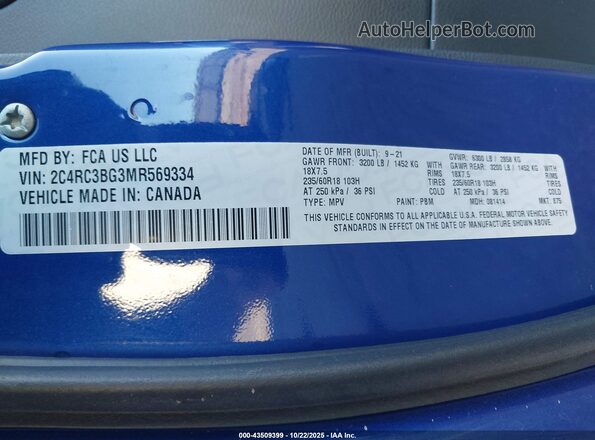 2C4RC3BG3MR569334 2021 CHRYSLER PACIFICA Blue Engine compartment view