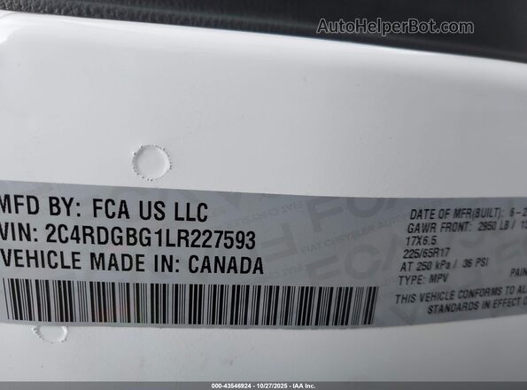 2C4RDGBG1LR227593 2020 DODGE GRAND CARAVAN Белый 