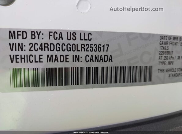 2C4RDGCG0LR253617 2020 DODGE GRAND CARAVAN White Vista del compartimento del motor
