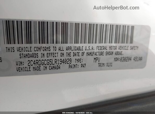 2C4RDGCG5LR194029 2020 DODGE GRAND CARAVAN White Engine compartment view