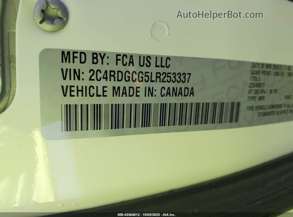 2C4RDGCG5LR253337 2020 DODGE GRAND CARAVAN White Engine compartment view