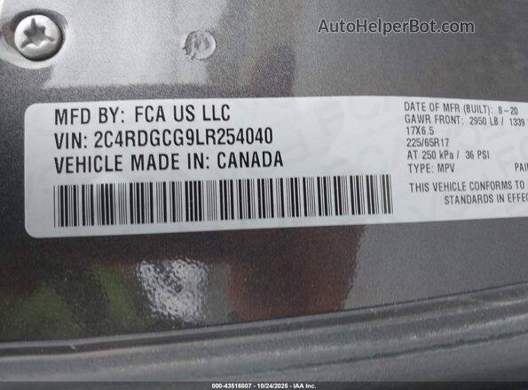 2C4RDGCG9LR254040 2020 DODGE GRAND CARAVAN Gray 