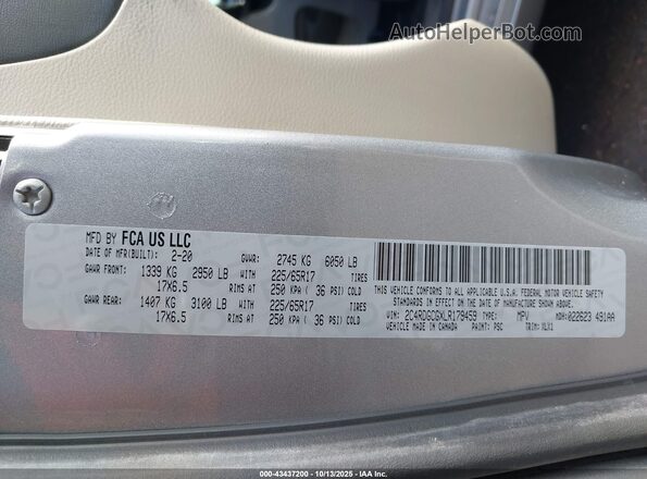 2C4RDGCGXLR179459 2020 DODGE GRAND CARAVAN Silver Vista del compartimento del motor