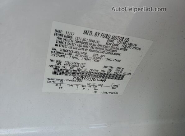 2FMGK5C85JBA10400 2018 FORD FLEX White 