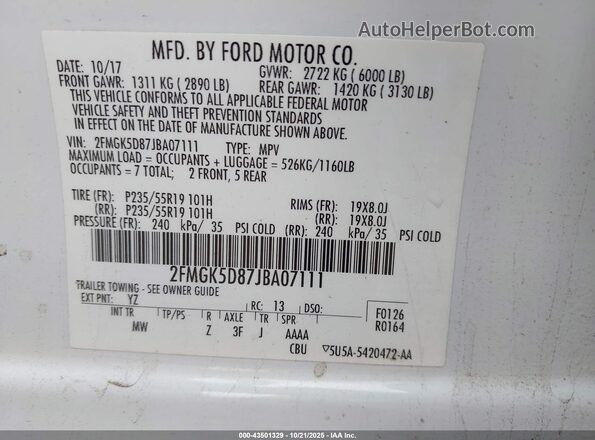2FMGK5D87JBA07111 2018 FORD FLEX White Շարժիչի բաժամունքի տեսք
