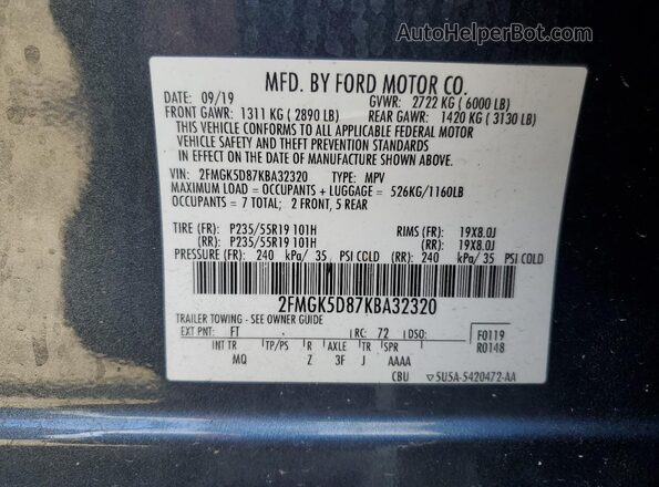 2FMGK5D87KBA32320 2019 FORD FLEX Blue VIN sticker view