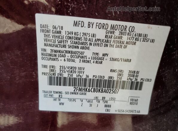 2FMHK6C80KBA02507 2019 FORD FLEX Maroon Widok naklejki z numerem VIN