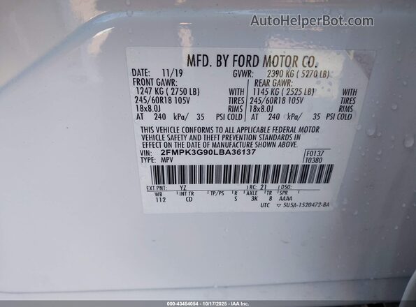 2FMPK3G90LBA36137 2020 FORD EDGE White Շարժիչի բաժամունքի տեսք
