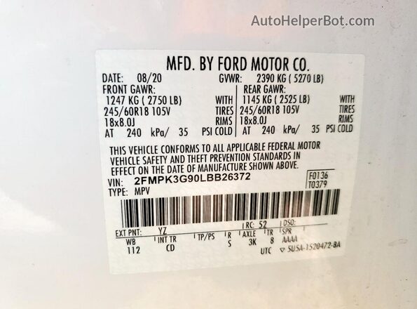 2FMPK3G90LBB26372 2020 FORD EDGE White სალონის 360-გრადუსიანი ხედი